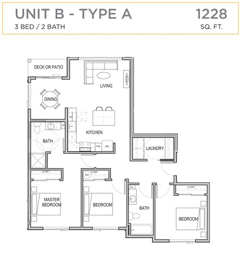 Floor plan for 3 beds, 2 baths, 1228 sqft